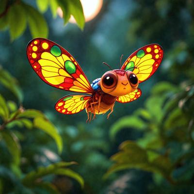 The primary subject of the image is a colorful butterfly with a yellow and green wing pattern. The butterfly is flying in a lush green forest, surrounded by trees and foliage. The visual style of the image is a digital art or illustration, showcasing the vibrant colors and intricate details of the butterfly. The overall atmosphere of the image is lively and full of life, as the butterfly gracefully soars through the forest.